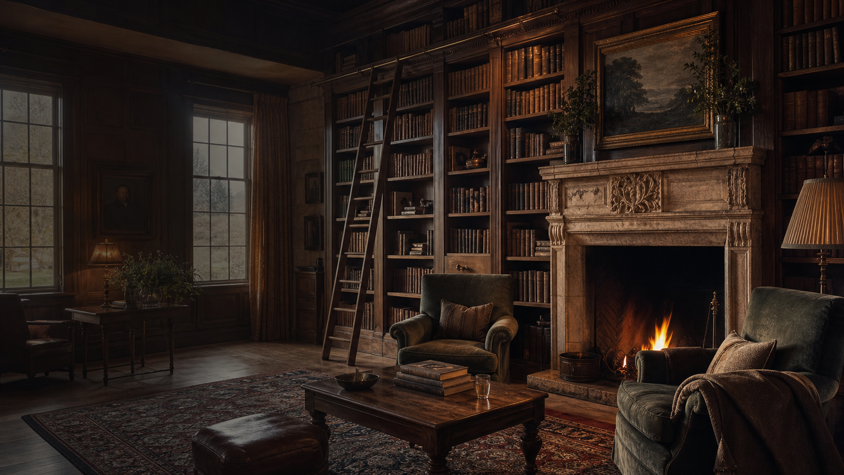 A warm private library in a premium British country house