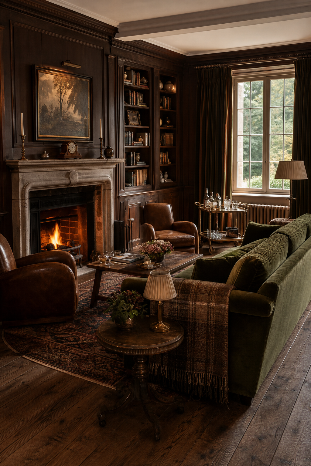 Atmospheric country-house library lounge with firelight, velvet seating and dark oak joinery